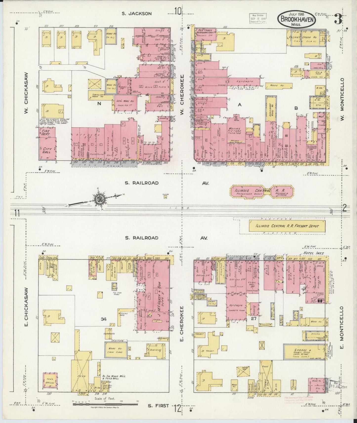 Sanborn Fire Insurance Map from Brookhaven, Lincoln County, Mississippi (1918), Sheet #0003 - Historic Sanborn Fire Insurance Map Print, vintage old map wall art, antique decor, genealogy gift, Mississippi Mississippi map