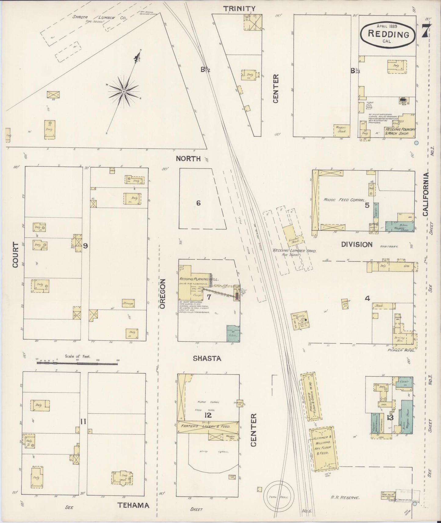 Sanborn Fire Insurance Map from Redding, Shasta County, California (1889), Sheet #0007 - Complete Map Set gallery image, historic Sanborn map, vintage wall art, California California
