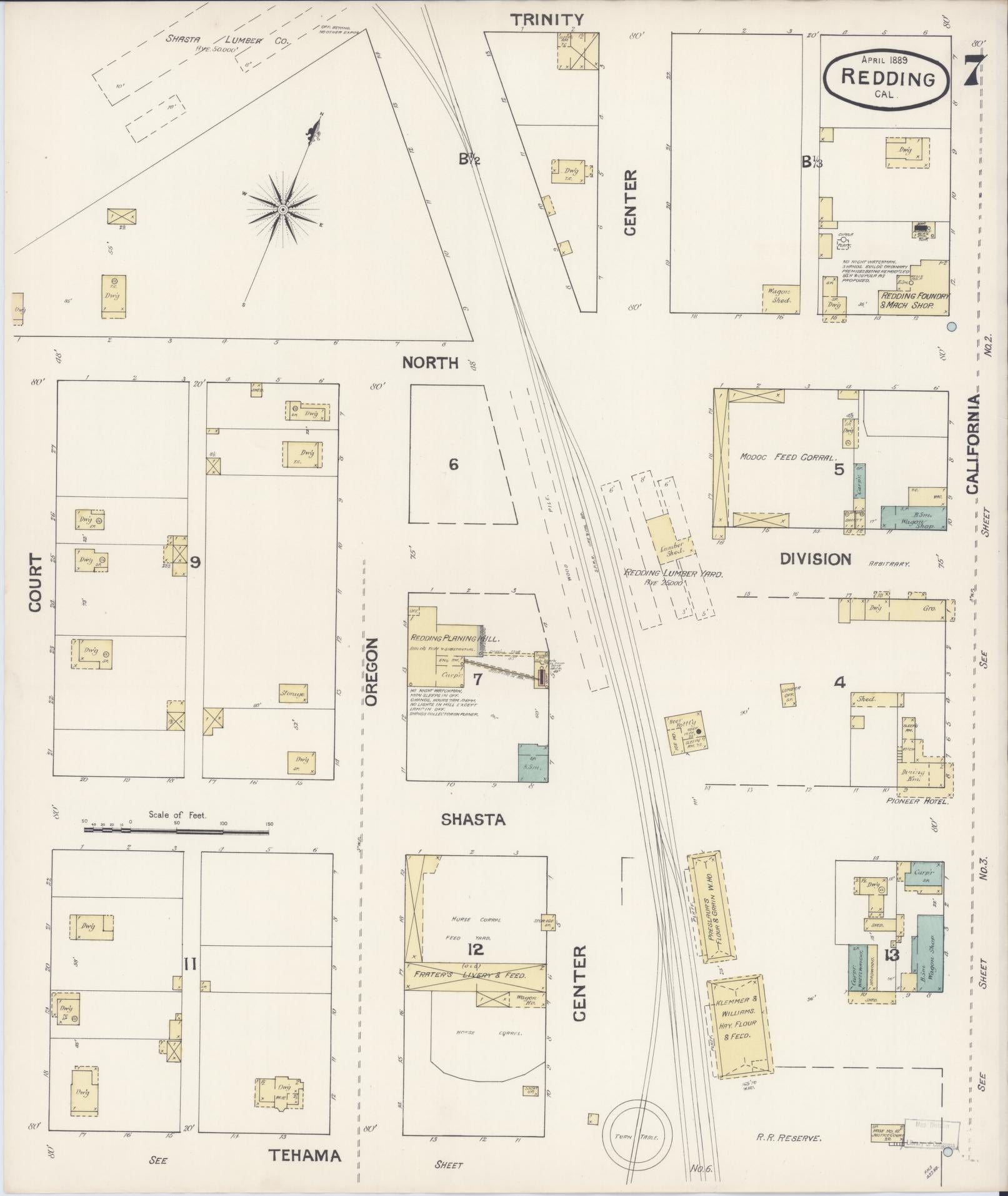 Sanborn Fire Insurance Map from Redding, Shasta County, California (1889), Sheet #0007 - Complete Map Set gallery image, historic Sanborn map, vintage wall art, California California