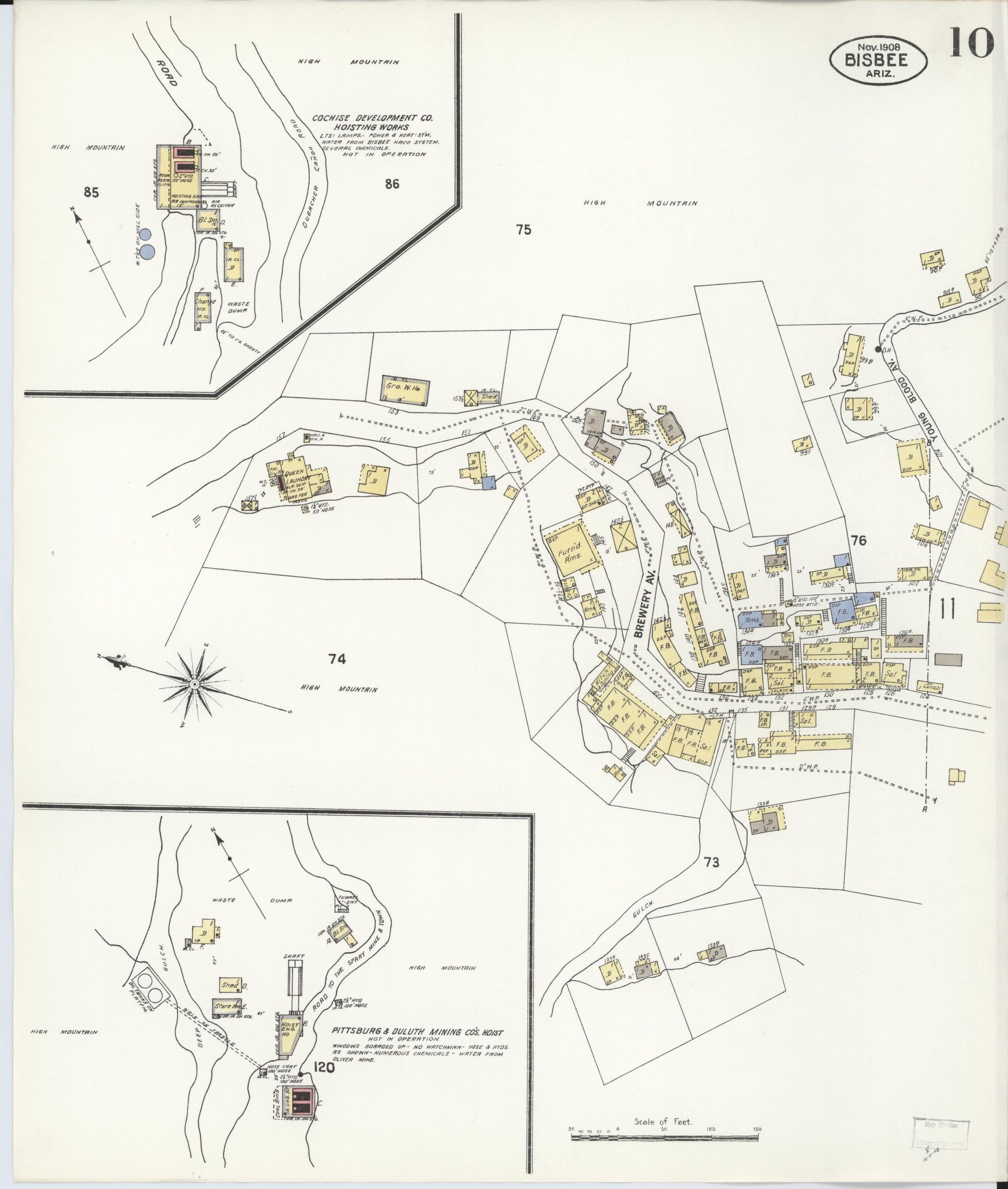 Sanborn Fire Insurance Map from Bisbee, Cochise County, Arizona (1908), Sheet #0010 - Historic Sanborn Fire Insurance Map Print, vintage old map wall art, antique decor, genealogy gift, Arizona Arizona map