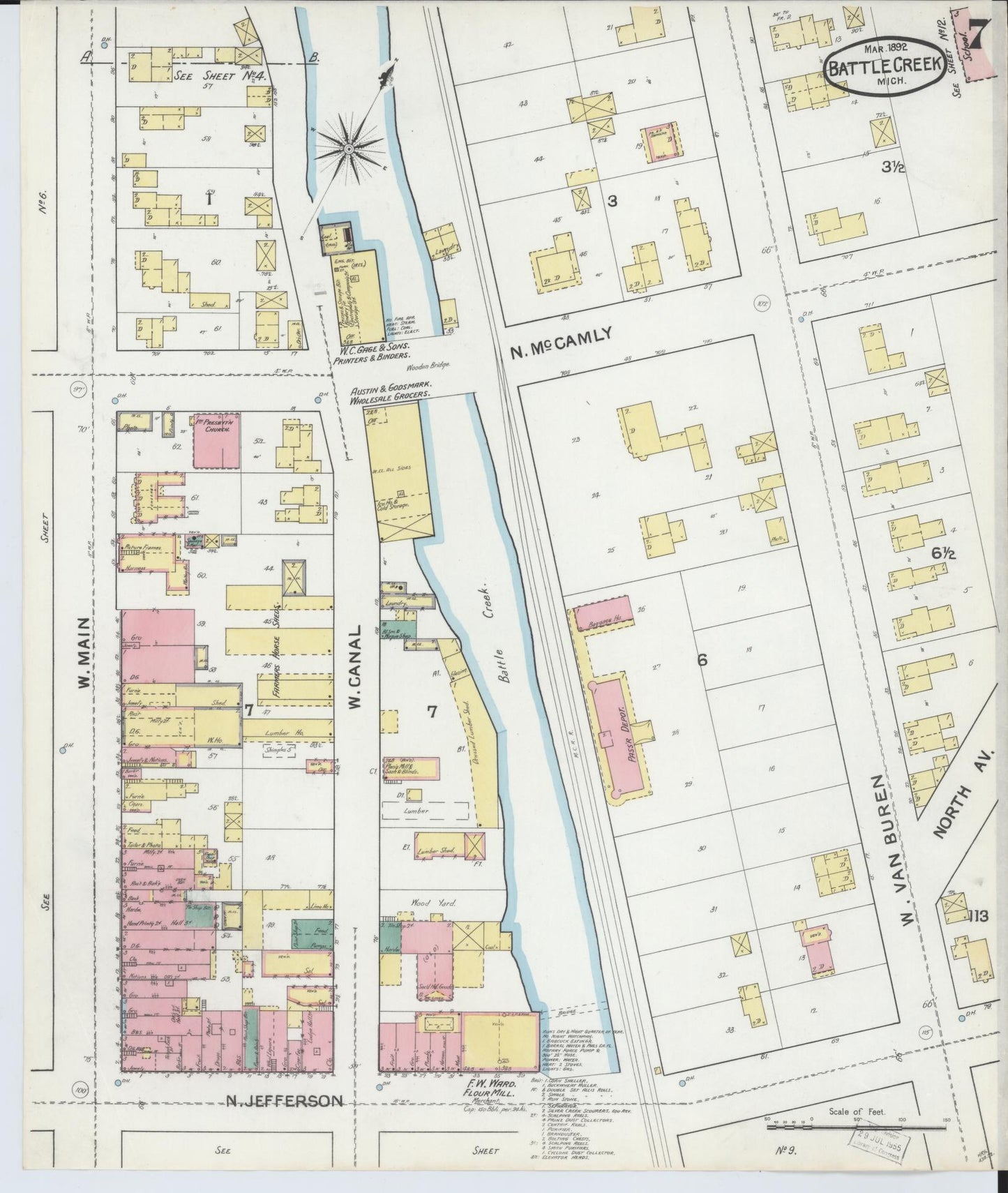 Sanborn Fire Insurance Map from Battle Creek, Calhoun County, Michigan (1892), Sheet #0007 - Historic Sanborn Fire Insurance Map Print, vintage old map wall art, antique decor, genealogy gift, Michigan Michigan map