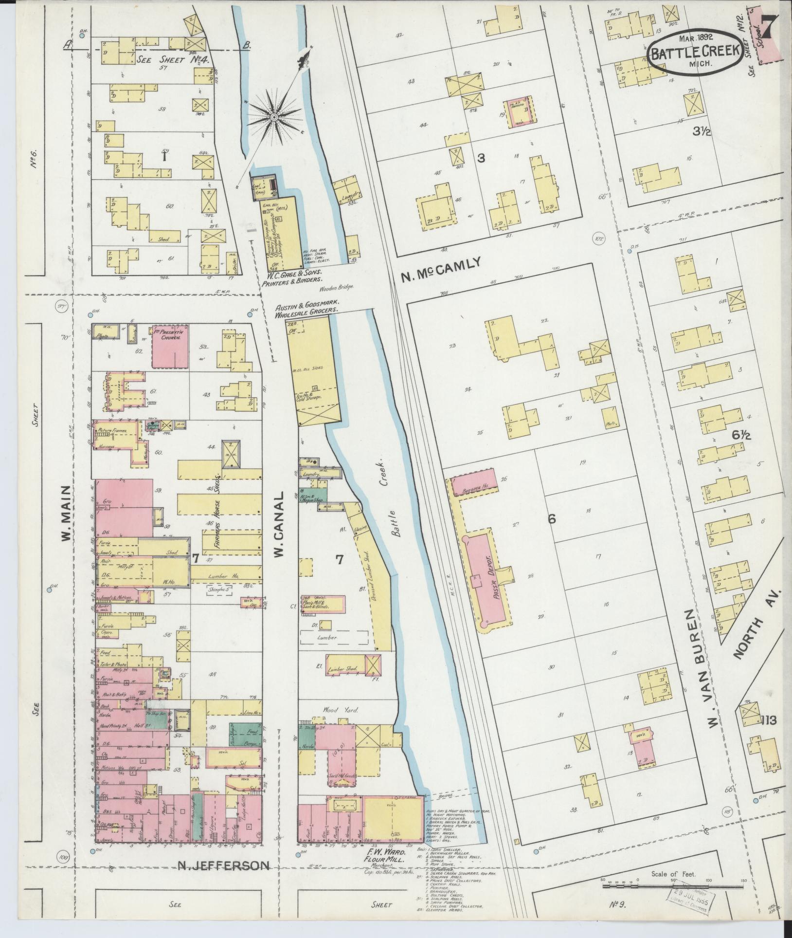 Sanborn Fire Insurance Map from Battle Creek, Calhoun County, Michigan (1892), Sheet #0007 - Historic Sanborn Fire Insurance Map Print, vintage old map wall art, antique decor, genealogy gift, Michigan Michigan map