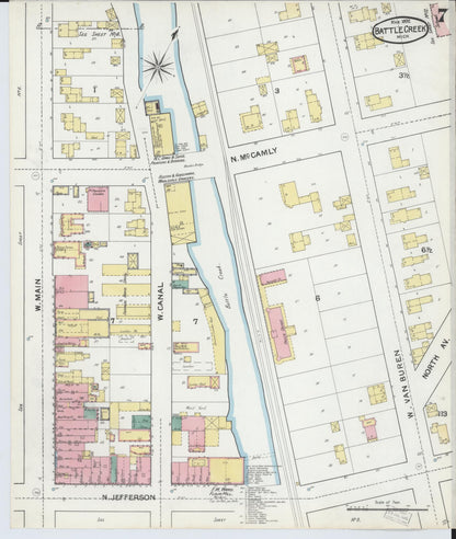 Sanborn Fire Insurance Map from Battle Creek, Calhoun County, Michigan (1892), Sheet #0007 - Historic Sanborn Fire Insurance Map Print, vintage old map wall art, antique decor, genealogy gift, Michigan Michigan map