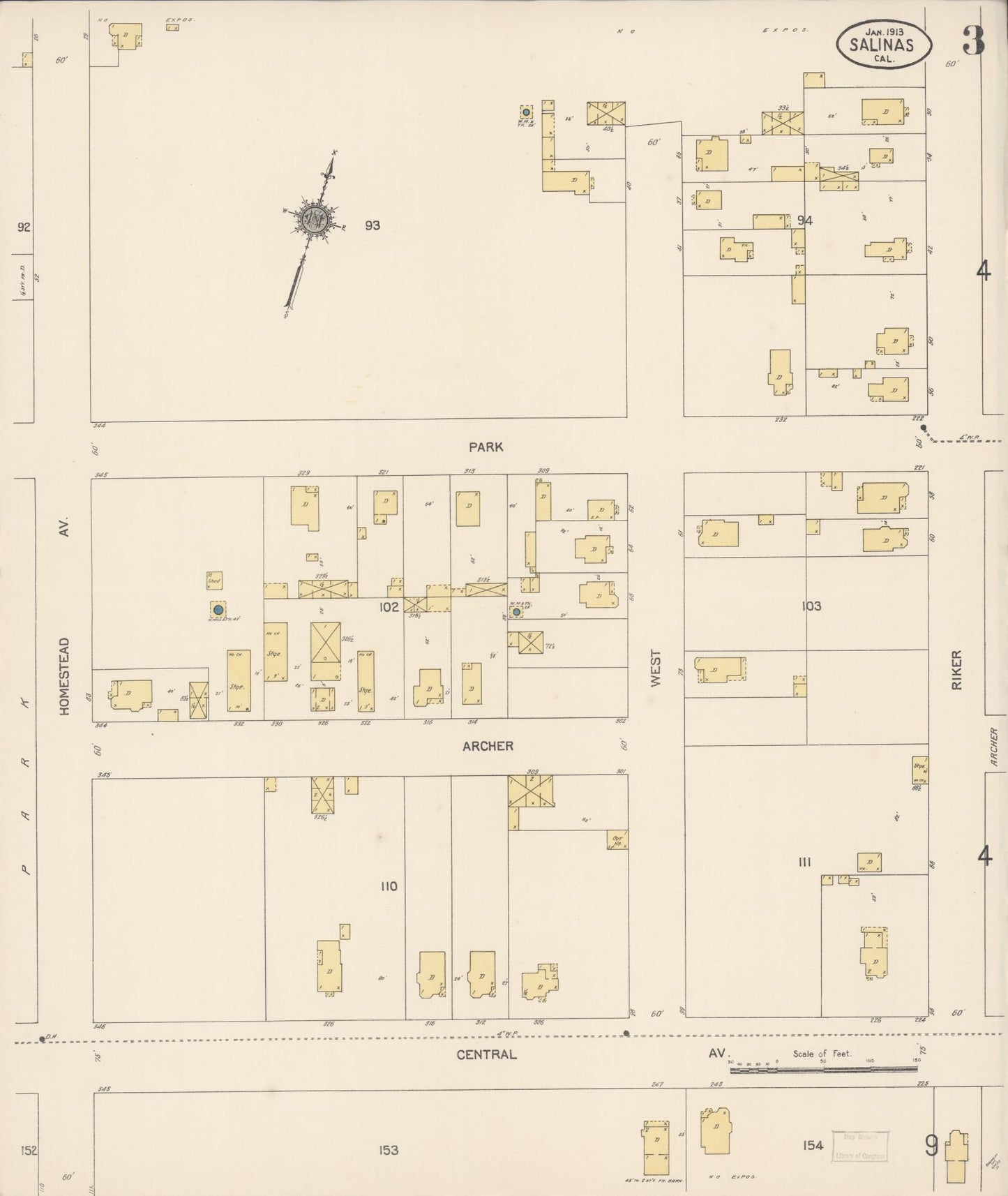 Sanborn Fire Insurance Map from Salinas, Monterey County, California (1913), Sheet #0003 - Complete Map Set gallery image, historic Sanborn map, vintage wall art, California California
