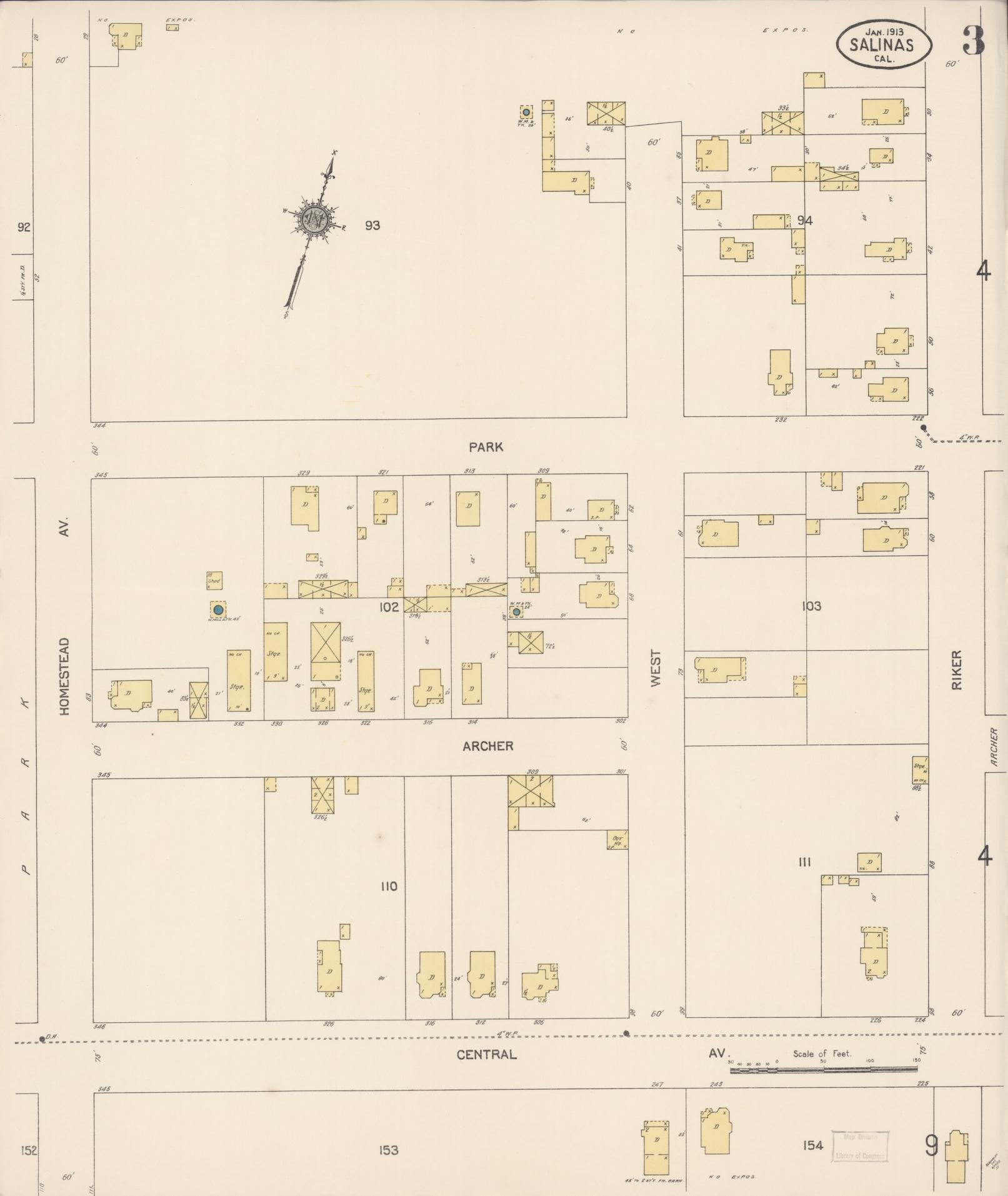 Sanborn Fire Insurance Map from Salinas, Monterey County, California (1913), Sheet #0003 - Complete Map Set gallery image, historic Sanborn map, vintage wall art, California California