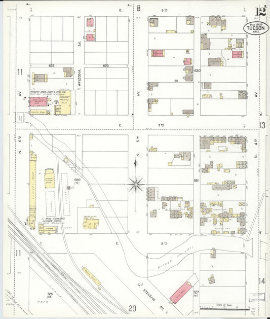 Sanborn Fire Insurance Map from Tucson, Pima County, Arizona (1909), Sheet #0012 - Historic Sanborn Fire Insurance Map Print, vintage old map wall art, antique decor, genealogy gift, Arizona Arizona map