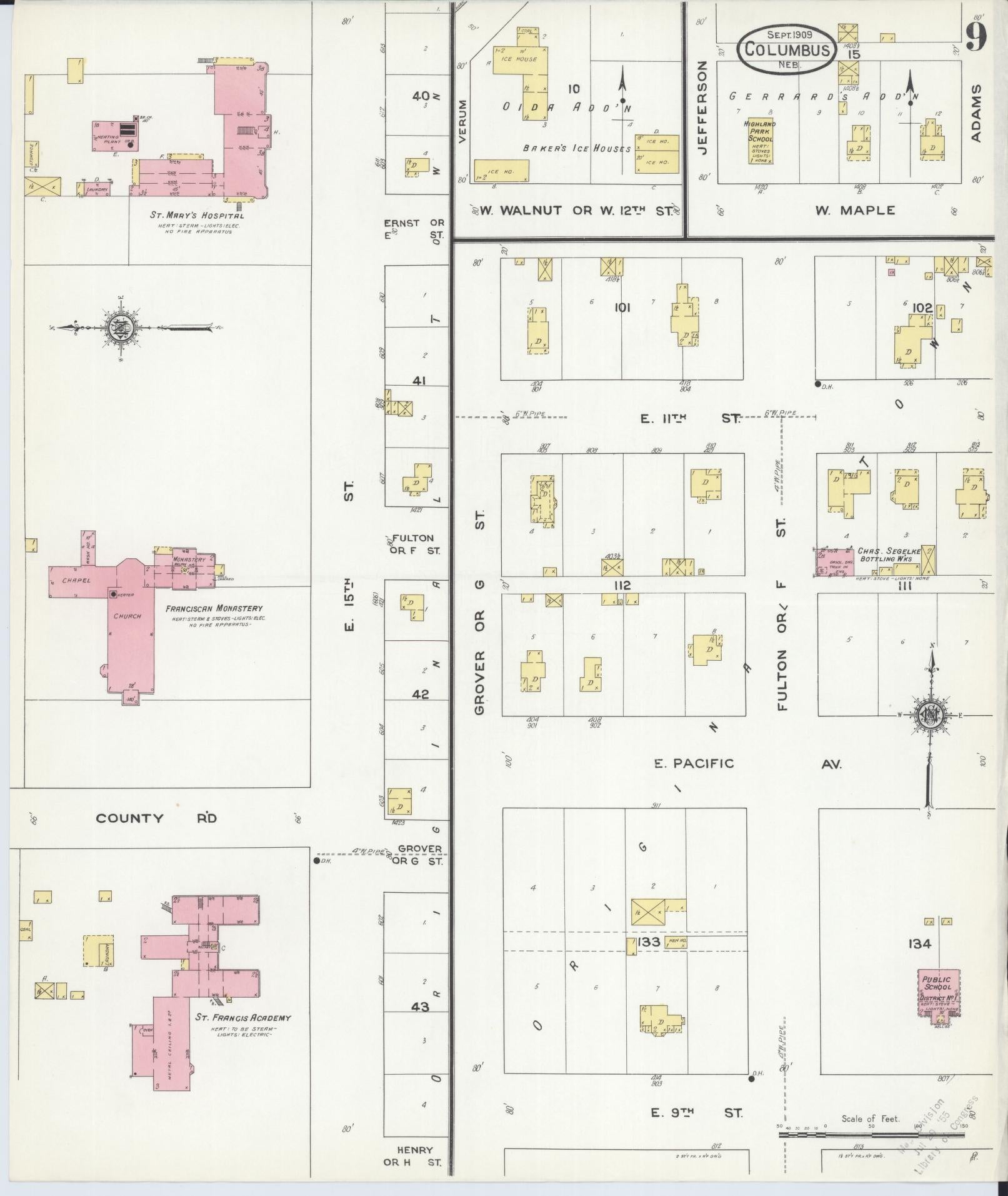 Sanborn Fire Insurance Map from Columbus, Platte County, Nebraska (1909), Sheet #0009 - Historic Sanborn Fire Insurance Map Print, vintage old map wall art, antique decor, genealogy gift, Nebraska Nebraska map