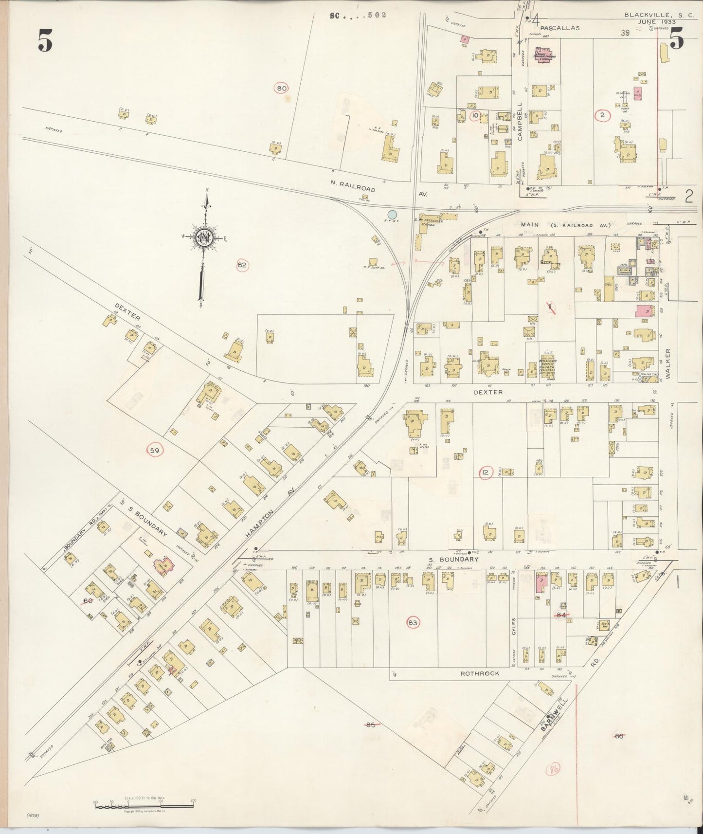 Sanborn Fire Insurance Map from Blackville, Barnwell County, South Carolina (1943), Sheet #0005 - Historic Sanborn Fire Insurance Map Print, vintage old map wall art, antique decor, genealogy gift, South Carolina South Carolina map