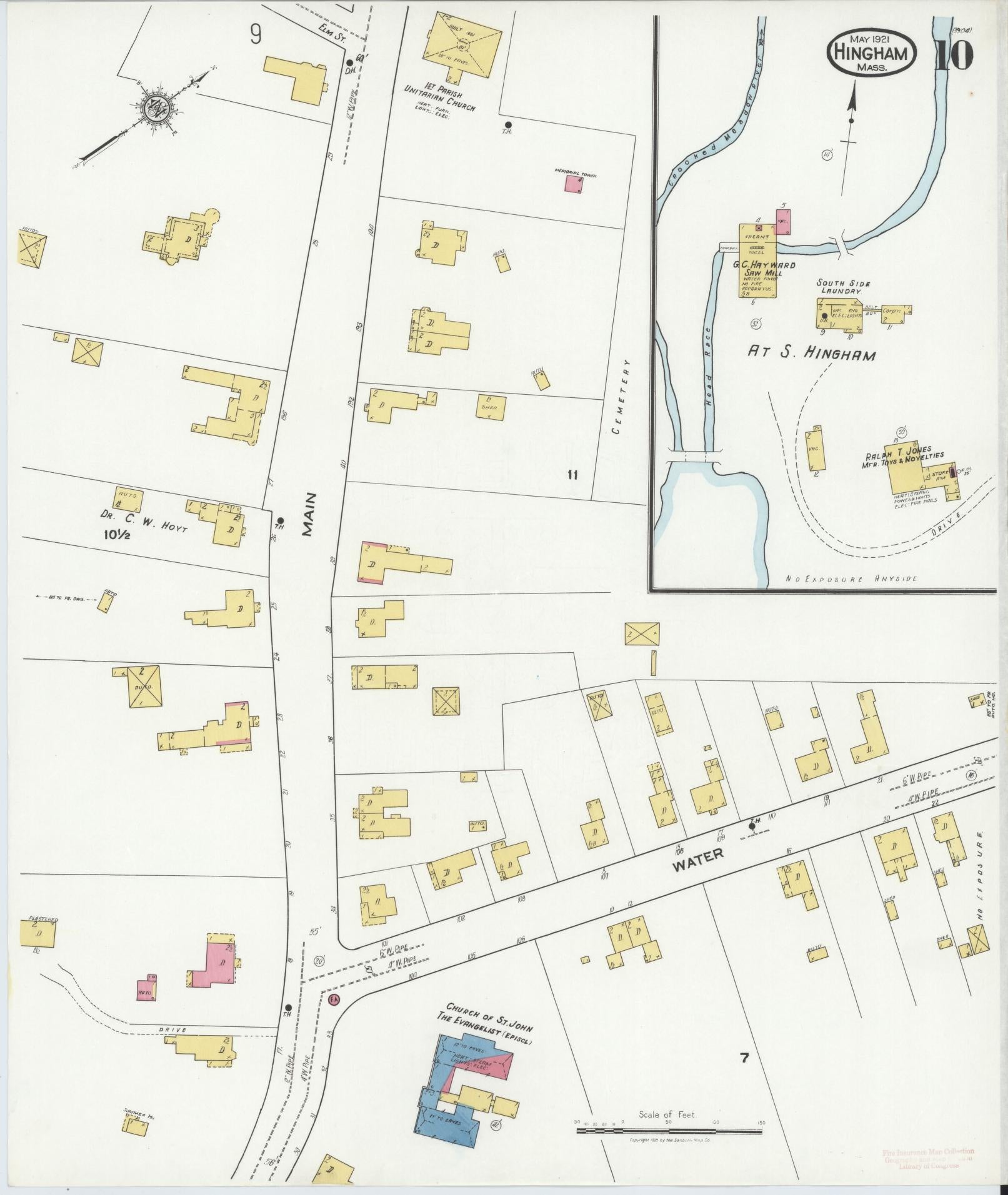 Sanborn Fire Insurance Map from Hingham, Plymouth County, Massachusetts (1921), Sheet #0010 - Historic Sanborn Fire Insurance Map Print, vintage old map wall art, antique decor, genealogy gift, Massachusetts Massachusetts map