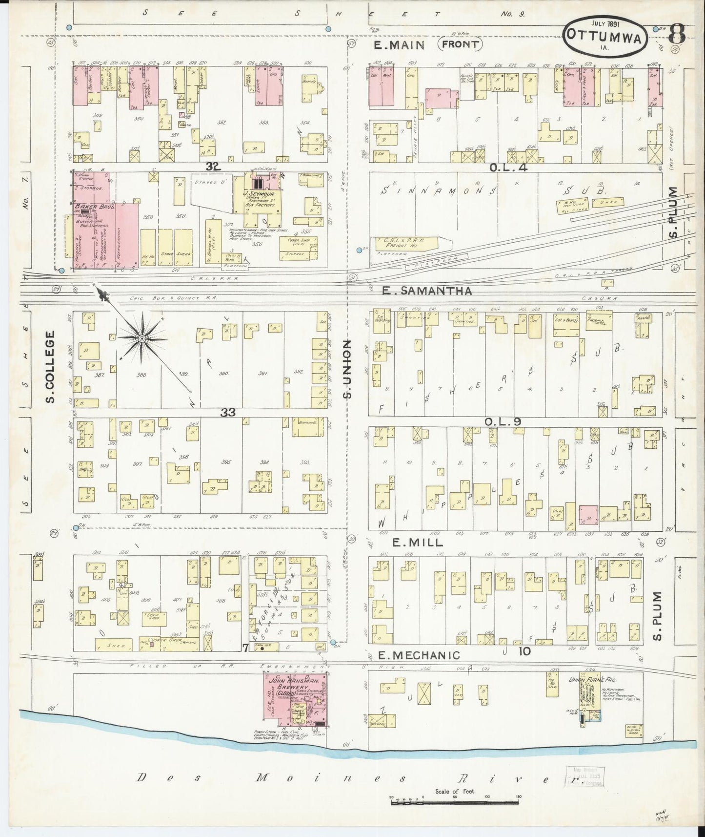 Sanborn Fire Insurance Map from Ottumwa, Wapello County, Iowa (1891), Sheet #0008 - Historic Sanborn Fire Insurance Map Print