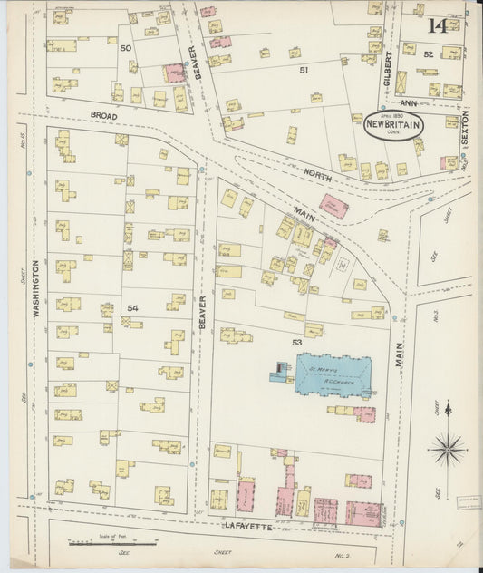 Sanborn Fire Insurance Map from New Britain, Hartford County, Connecticut (1890), Sheet #0014 - Historic Sanborn Fire Insurance Map Print, vintage old map wall art, antique decor, genealogy gift, Connecticut Connecticut map