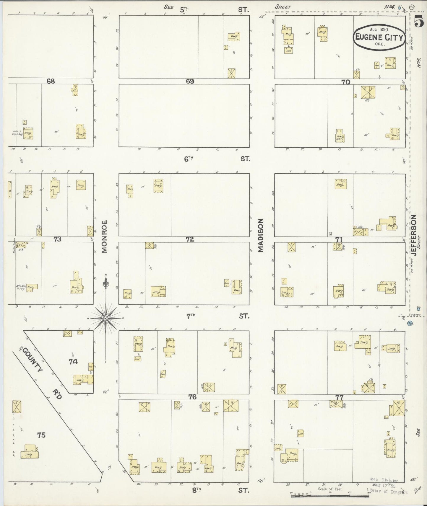 Sanborn Fire Insurance Map from Eugene, Lane County, Oregon (1890), Sheet #0005 - Complete Map Set gallery image, historic Sanborn map, vintage wall art, Oregon Oregon
