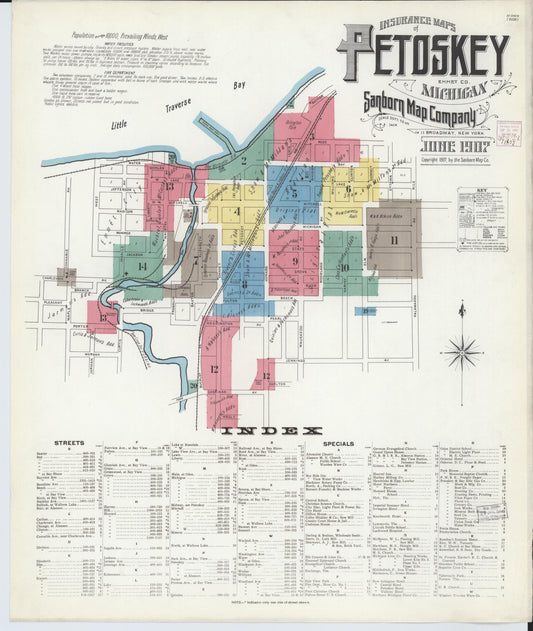 Sanborn Fire Insurance Map from Petoskey, Emmet County, Michigan (1907), Sheet #0001 - Historic Sanborn Fire Insurance Map Print, vintage old map wall art, antique decor, genealogy gift, Michigan Michigan map