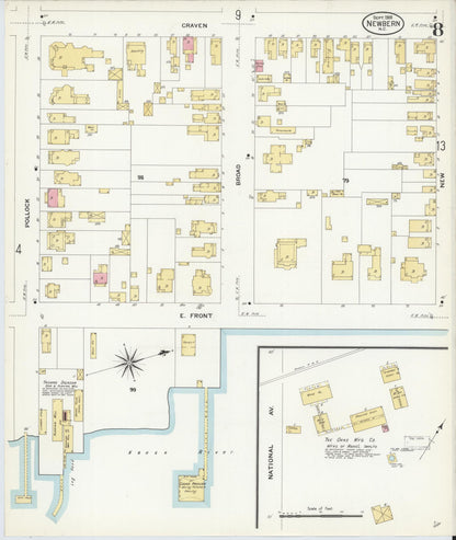 Sanborn Fire Insurance Map from New Bern, Craven County, North Carolina (1908), Sheet #0008 - Historic Sanborn Fire Insurance Map Print, vintage old map wall art, antique decor, genealogy gift, North Carolina North Carolina map