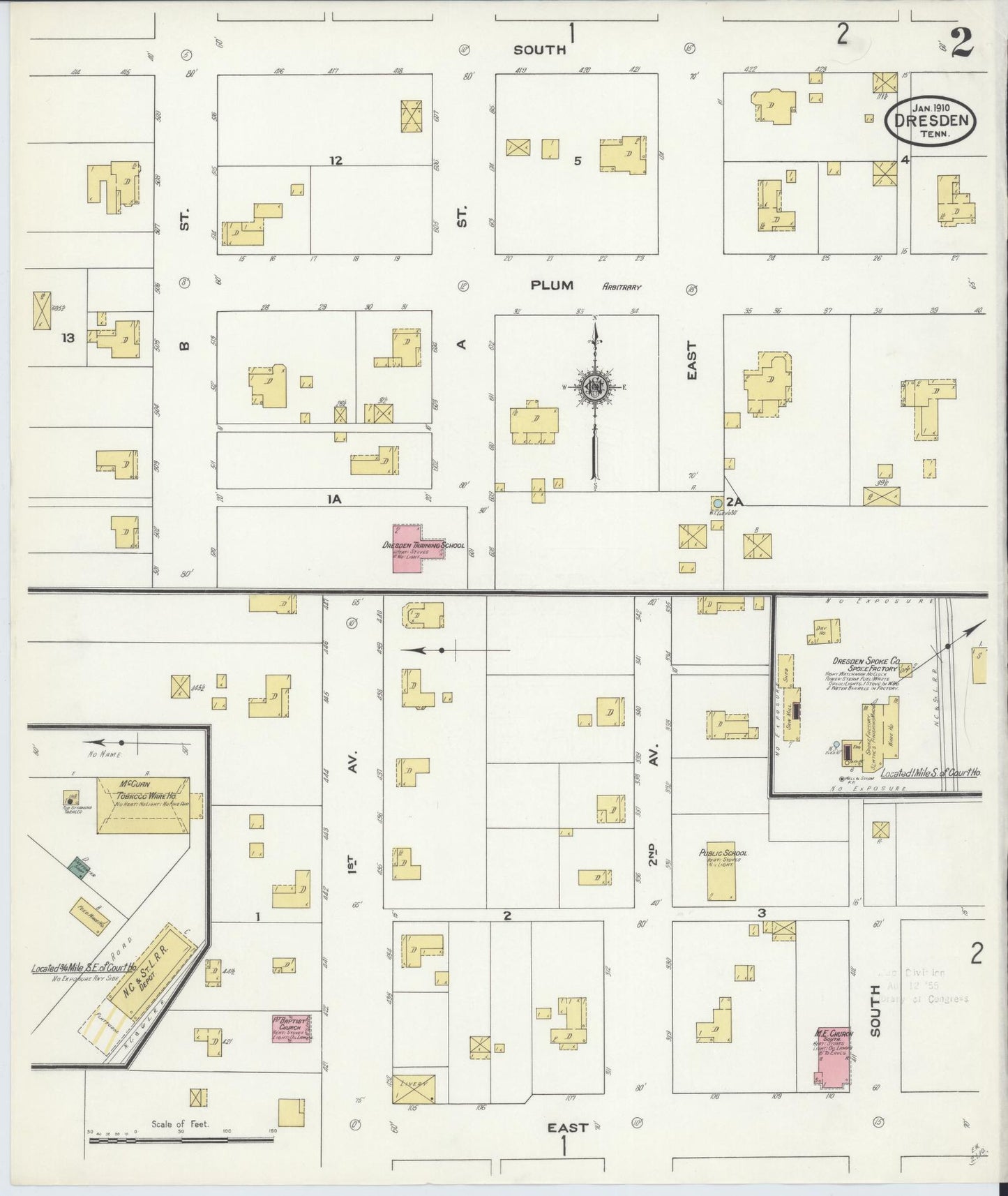 Sanborn Fire Insurance Map from Dresden, Weakley County, Tennessee (1910), Sheet #0002 - Complete Map Set gallery image, historic Sanborn map, vintage wall art, Tennessee Tennessee