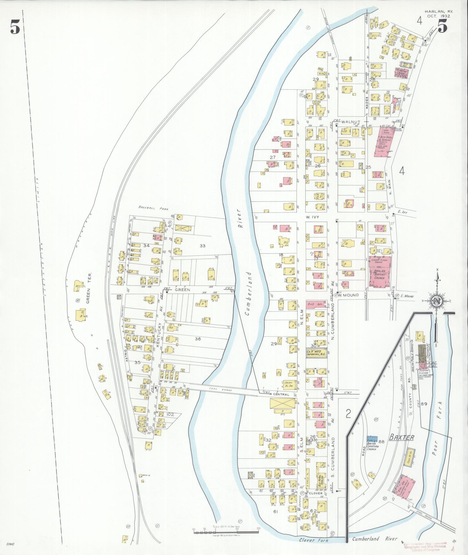 Sanborn Fire Insurance Map from Harlan, Harlan County, Kentucky (1932), Sheet #0005 - Historic Sanborn Fire Insurance Map Print, vintage old map wall art, antique decor, genealogy gift, Kentucky Kentucky map