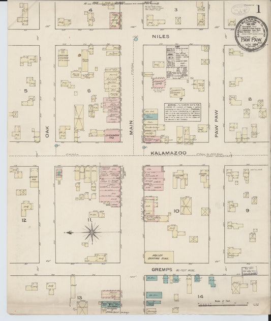 Sanborn Fire Insurance Map from Paw Paw, Van Buren County, Michigan (1884), Sheet #0001 - Historic Sanborn Fire Insurance Map Print, vintage old map wall art, antique decor, genealogy gift, Michigan Michigan map