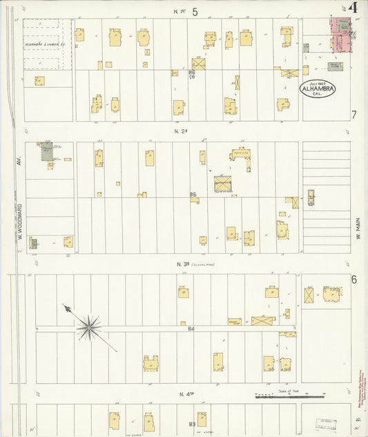Sanborn Fire Insurance Map from Alhambra, Los Angeles County, California (1907), Sheet #0004 - Historic Sanborn Fire Insurance Map Print, vintage old map wall art, antique decor, genealogy gift, California California map