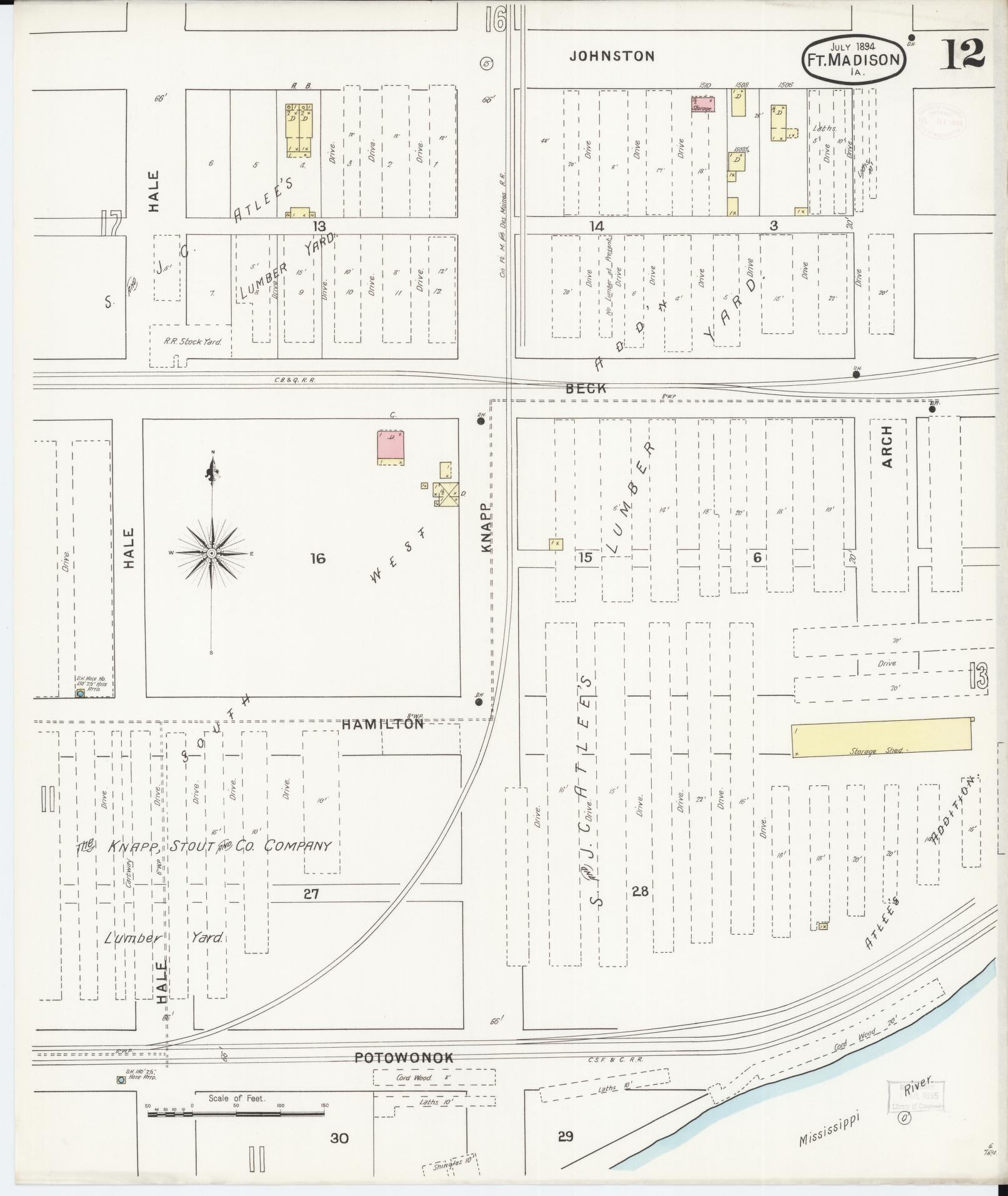 Sanborn Fire Insurance Map from Fort Madison, Lee County, Iowa (1894), Sheet #0012 - Historic Sanborn Fire Insurance Map Print, vintage old map wall art