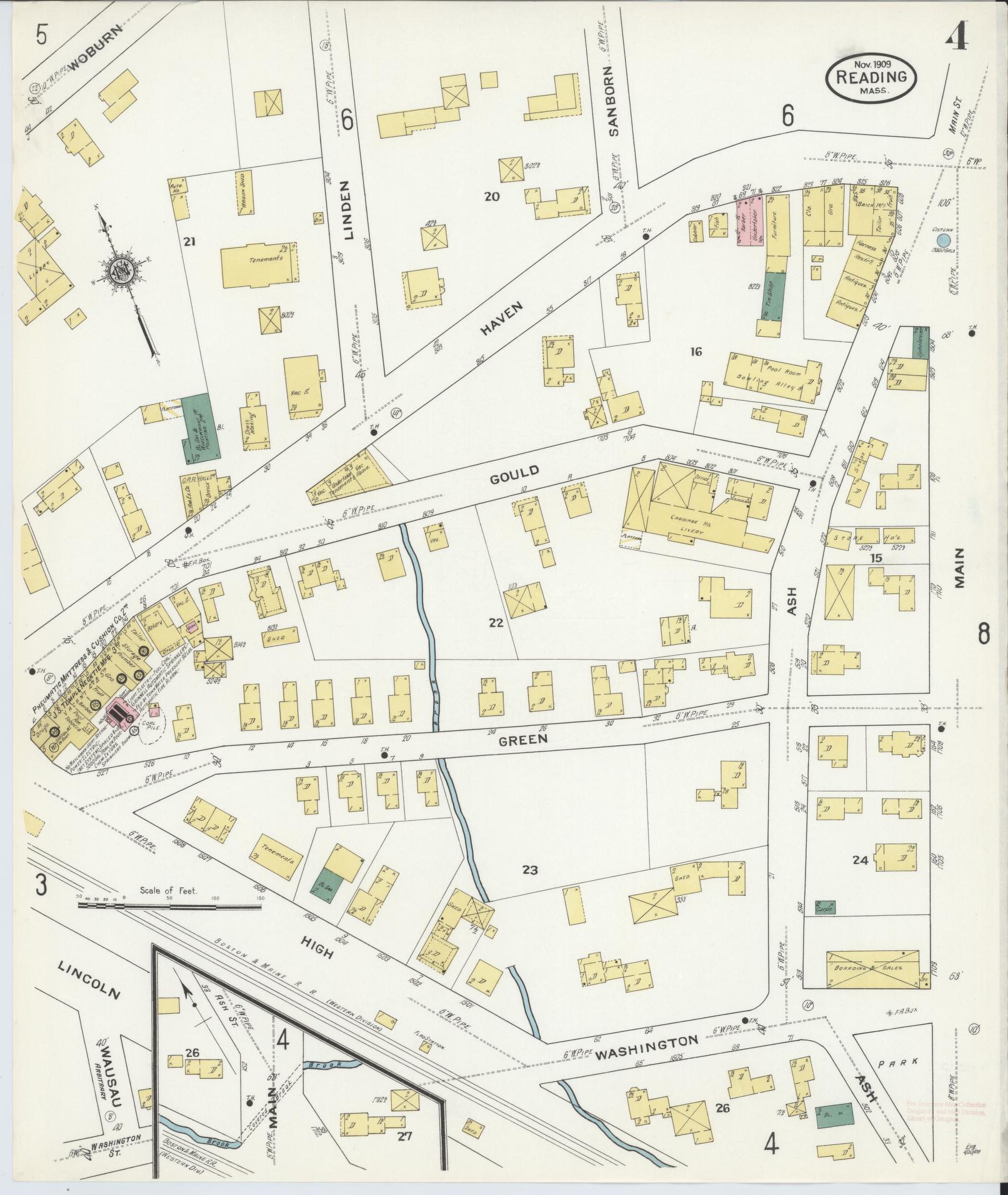 Sanborn Fire Insurance Map from Reading, Middlesex County, Massachusetts (1909), Sheet #0004 - Complete Map Set gallery image, historic Sanborn map, vintage wall art, Massachusetts Massachusetts