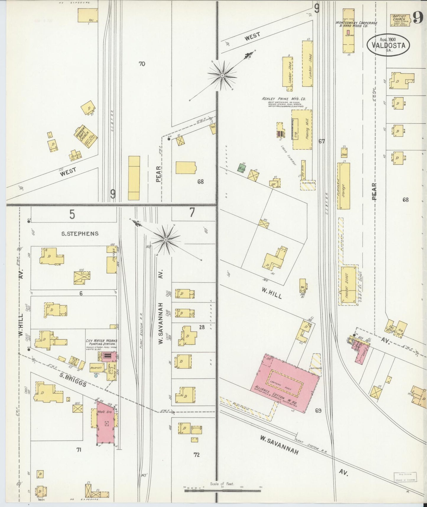 Sanborn Fire Insurance Map from Valdosta, Lowndes County, Georgia (1900), Sheet #0009 - Complete Map Set gallery image, historic Sanborn map, vintage wall art, Georgia Georgia