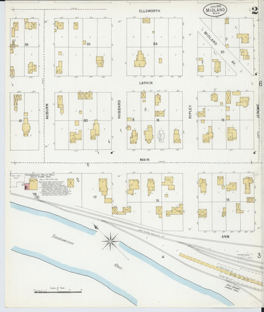 Sanborn Fire Insurance Map from Midland, Midland County, Michigan (1899), Sheet #0002 - Historic Sanborn Fire Insurance Map Print, vintage old map wall art, antique decor, genealogy gift, Michigan Michigan map