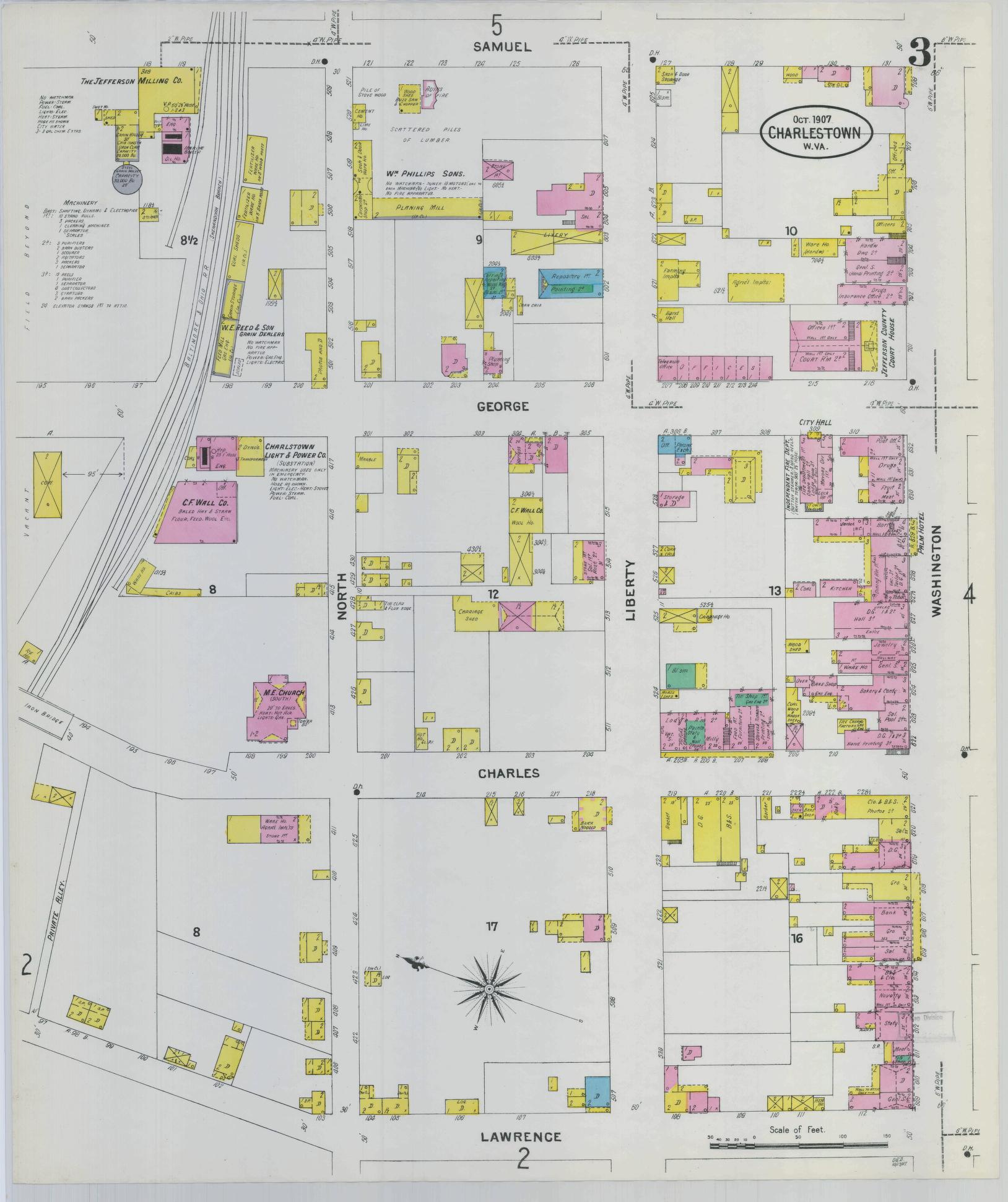 Sanborn Fire Insurance Map from Charles Town, Jefferson County, West Virginia (1907), Sheet #0003 - Complete Map Set gallery image, historic Sanborn map, vintage wall art, West Virginia West Virginia