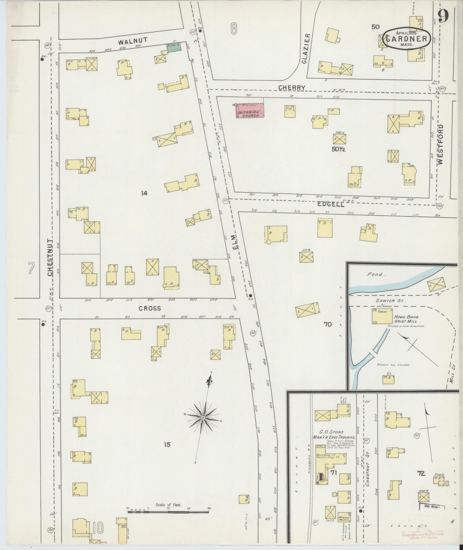 Sanborn Fire Insurance Map from Gardner, Worcester County, Massachusetts (1895), Sheet #0009 - Historic Sanborn Fire Insurance Map Print, vintage old map wall art, antique decor, genealogy gift, Massachusetts Massachusetts map