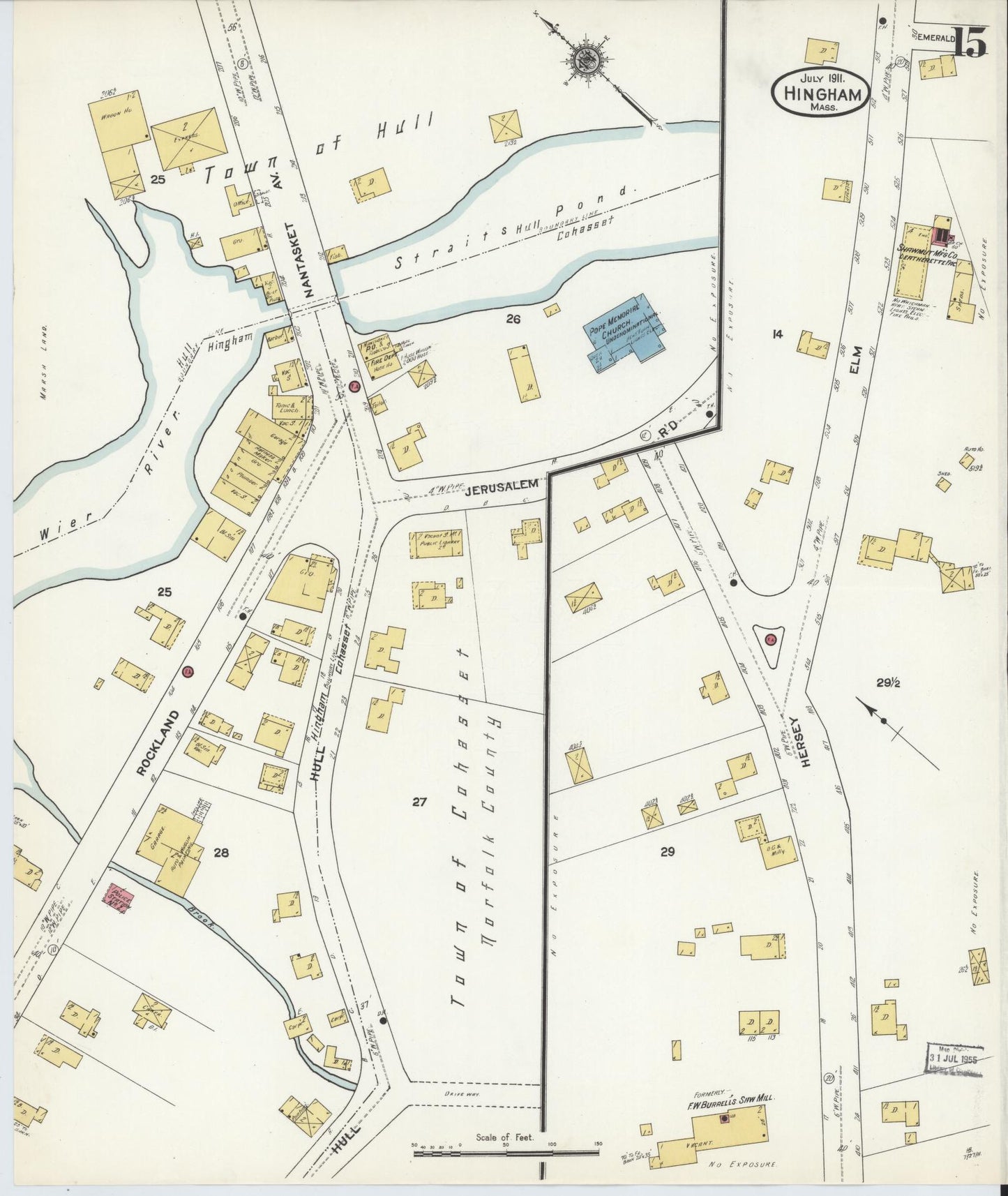 Sanborn Fire Insurance Map from Hingham, Plymouth County, Massachusetts (1911), Sheet #0015 - Complete Map Set gallery image, historic Sanborn map, vintage wall art, Massachusetts Massachusetts