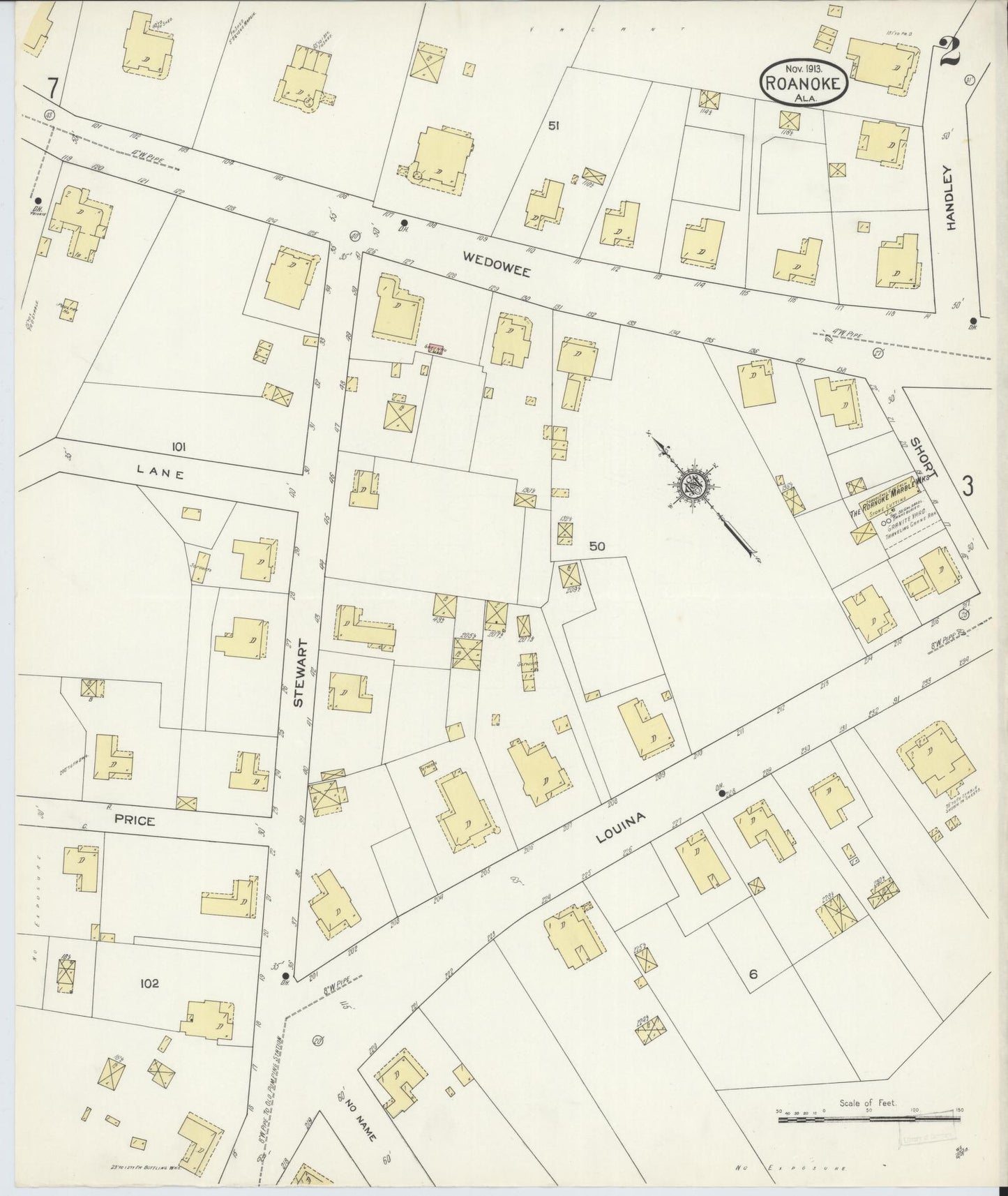 Sanborn Fire Insurance Map from Roanoke, Randolph County, Alabama (1913), Sheet #0002 - Complete Map Set gallery image, historic Sanborn map, vintage wall art, Alabama Alabama