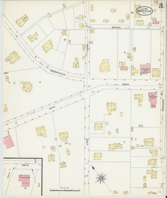 Sanborn Fire Insurance Map from Abbeville, Abbeville County, South Carolina (1906), Sheet #0003 - Historic Sanborn Fire Insurance Map Print, vintage old map wall art, antique decor, genealogy gift, South Carolina South Carolina map