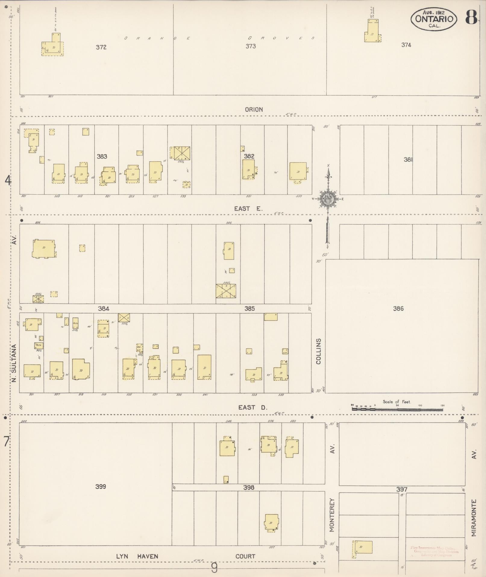 Sanborn Fire Insurance Map from Ontario, San Bernardino County, California (1912), Sheet #0008 - Historic Sanborn Fire Insurance Map Print, vintage old map wall art, antique decor, genealogy gift, California California map