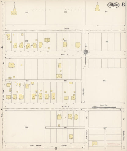 Sanborn Fire Insurance Map from Ontario, San Bernardino County, California (1912), Sheet #0008 - Historic Sanborn Fire Insurance Map Print, vintage old map wall art, antique decor, genealogy gift, California California map