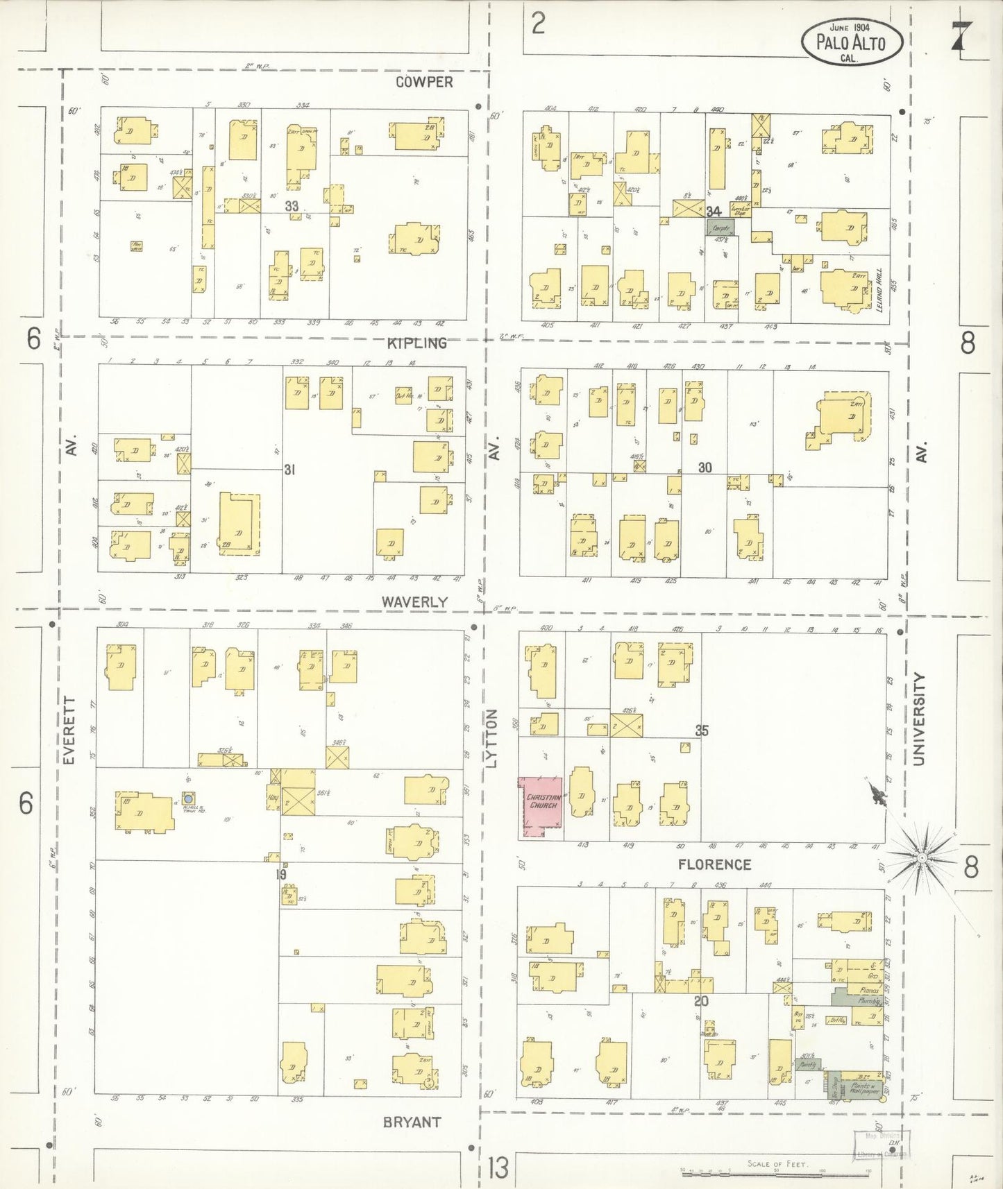 Sanborn Fire Insurance Map from Palo Alto, Santa Clara County, California (1904), Sheet #0007 - Complete Map Set gallery image, historic Sanborn map, vintage wall art, California California