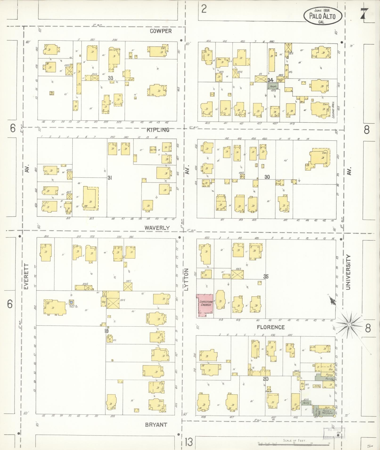 Sanborn Fire Insurance Map from Palo Alto, Santa Clara County, California (1904), Sheet #0007 - Complete Map Set gallery image, historic Sanborn map, vintage wall art, California California