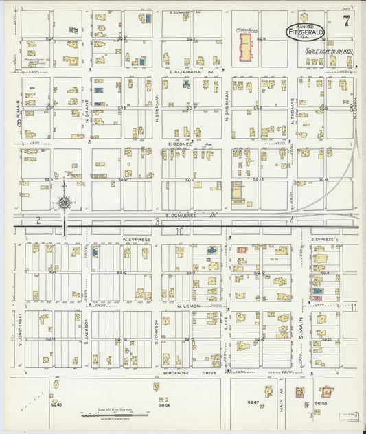 Sanborn Fire Insurance Map from Fitzgerald, Ben Hill County, Georgia (1921), Sheet #0007 - Historic Sanborn Fire Insurance Map Print, vintage old map wall art, antique decor, genealogy gift, Georgia Georgia map