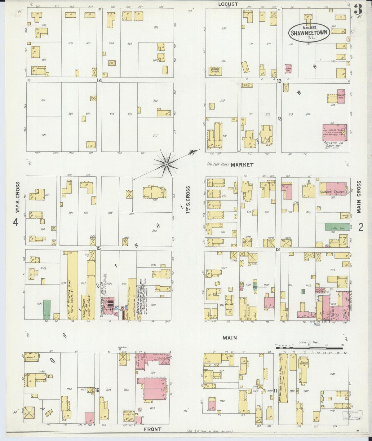 Sanborn Fire Insurance Map from Shawneetown, Gallatin County, Illinois (1899), Sheet #0003 - Historic Sanborn Fire Insurance Map Print, vintage old map wall art, antique decor, genealogy gift, Illinois Illinois map