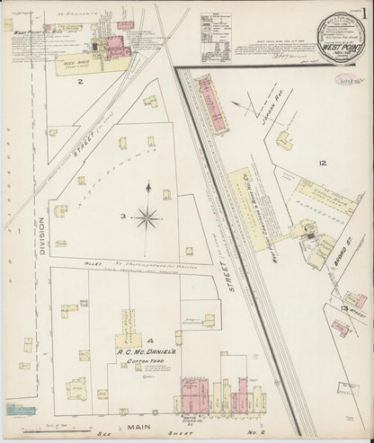 Sanborn Fire Insurance Map from West Point, Clay County, Mississippi (1885), Sheet #0001 - Complete Map Set gallery image, historic Sanborn map, vintage wall art, Mississippi Mississippi