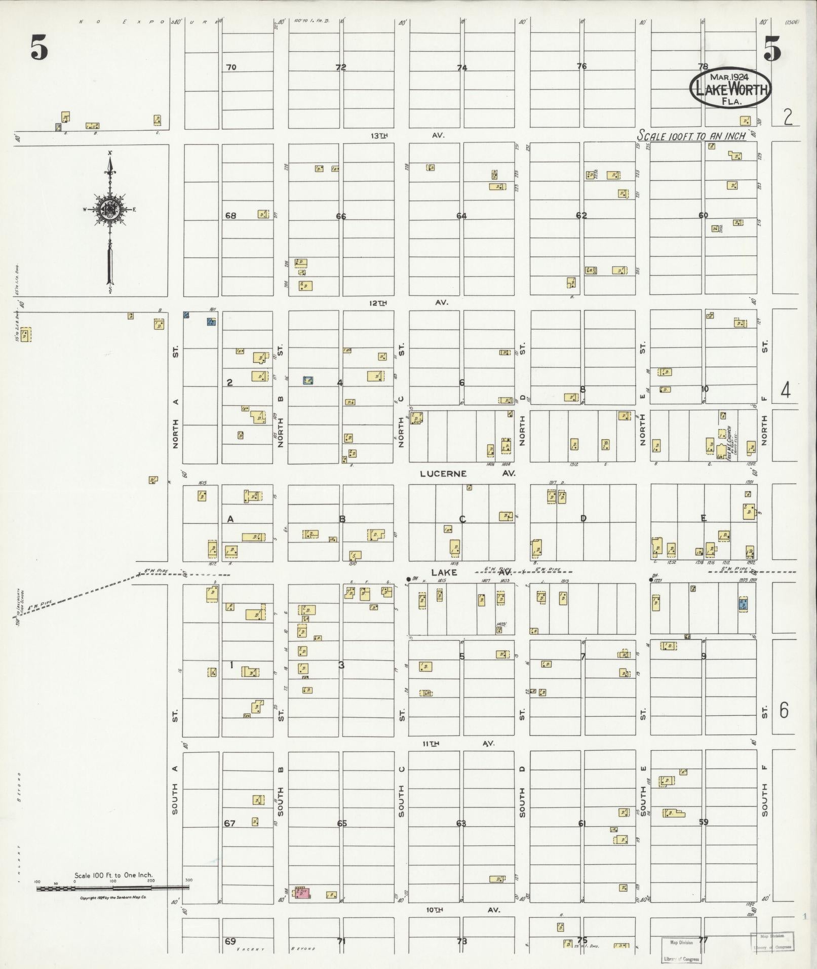Sanborn Fire Insurance Map from Lake Worth, Palm Beach County, Florida (1924), Sheet #0005 - Complete Map Set gallery image, historic Sanborn map, vintage wall art, Florida Florida