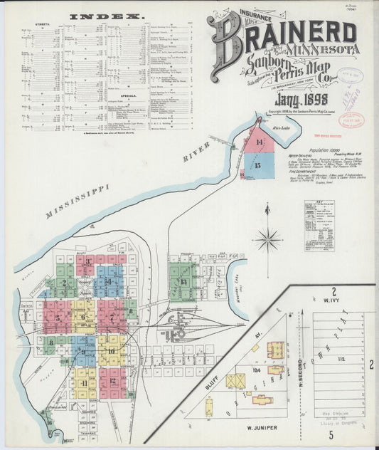 Sanborn Fire Insurance Map from Brainerd, Crow Wing County, Minnesota (1898), Sheet #0001 - Historic Sanborn Fire Insurance Map Print, vintage old map wall art, antique decor, genealogy gift, Minnesota Minnesota map