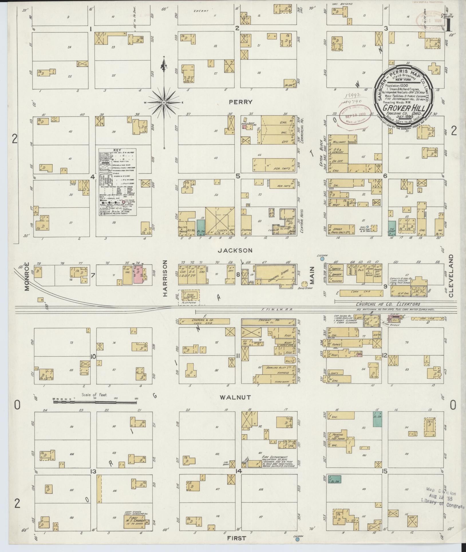 Sanborn Fire Insurance Map from Grover Hill, Paulding County, Ohio (1899), Sheet #0001 - Historic Sanborn Fire Insurance Map Print, vintage old map wall art, antique decor, genealogy gift, Ohio Ohio map
