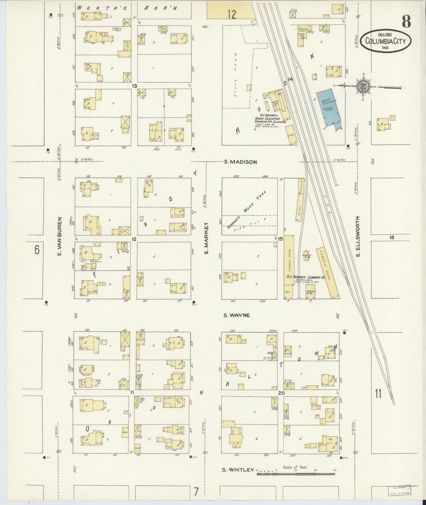 Sanborn Fire Insurance Map from Columbia City, Whitley County, Indiana (1910), Sheet #0008 - Complete Map Set gallery image, historic Sanborn map, vintage wall art, Indiana Indiana