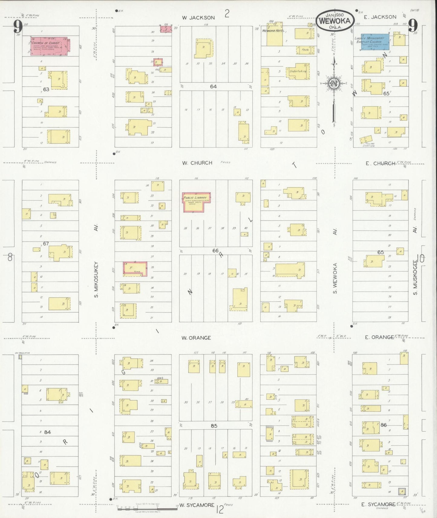 Sanborn Fire Insurance Map from Wewoka, Seminole County, Oklahoma (1930), Sheet #0009 - Complete Map Set gallery image, historic Sanborn map, vintage wall art, Oklahoma Oklahoma