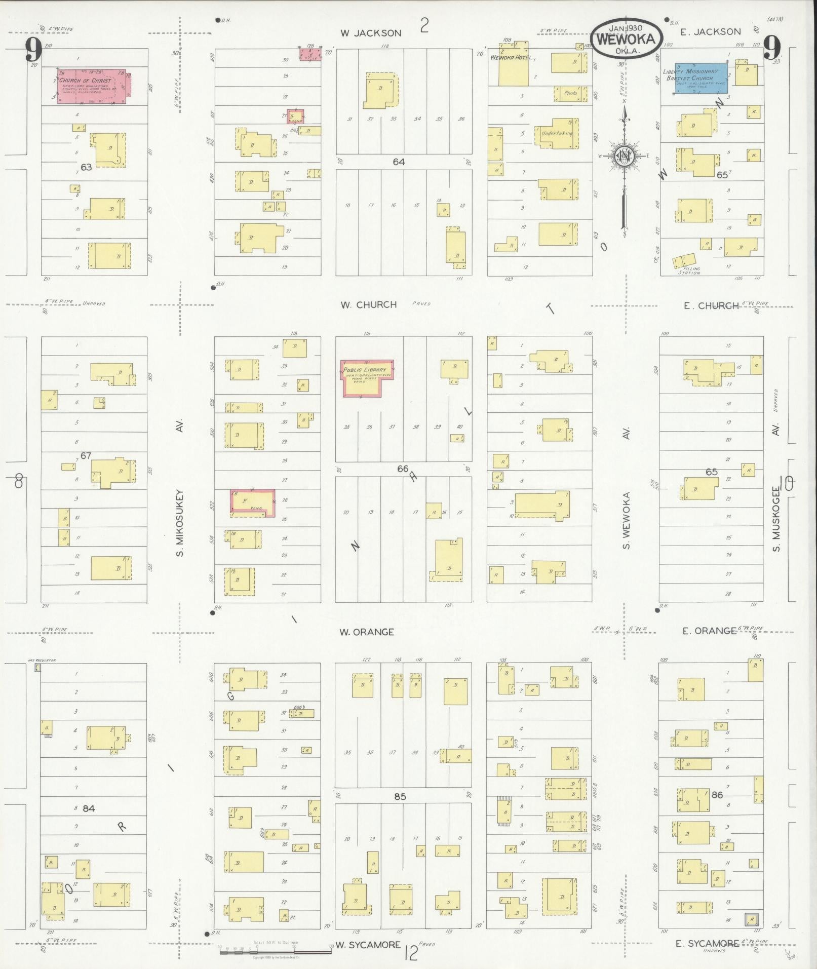 Sanborn Fire Insurance Map from Wewoka, Seminole County, Oklahoma (1930), Sheet #0009 - Complete Map Set gallery image, historic Sanborn map, vintage wall art, Oklahoma Oklahoma