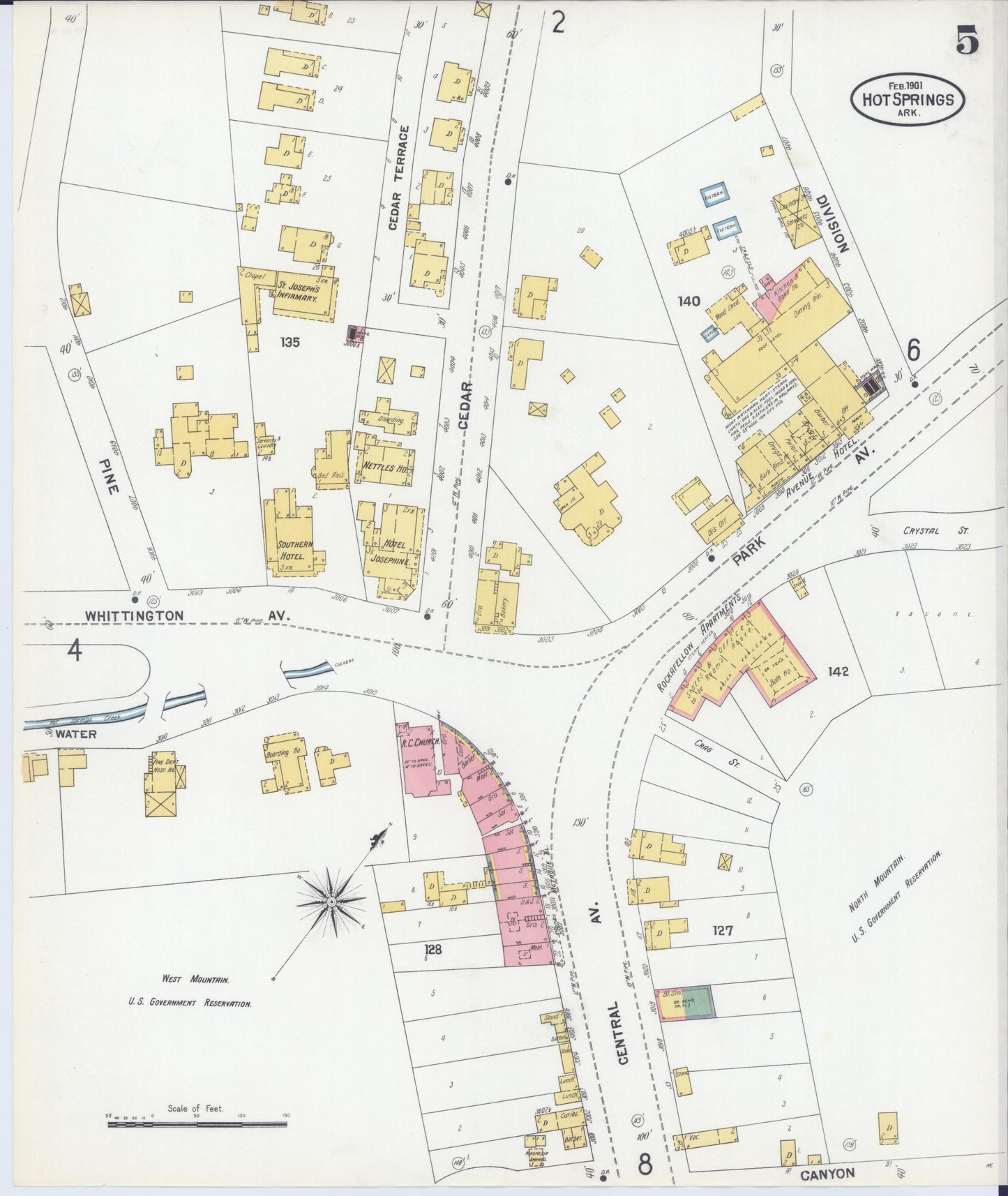 Sanborn Fire Insurance Map from Hot Springs, Garland County, Arkansas (1901), Sheet #0005 - Historic Sanborn Fire Insurance Map Print, vintage old map wall art, antique decor, genealogy gift, Arkansas Arkansas map