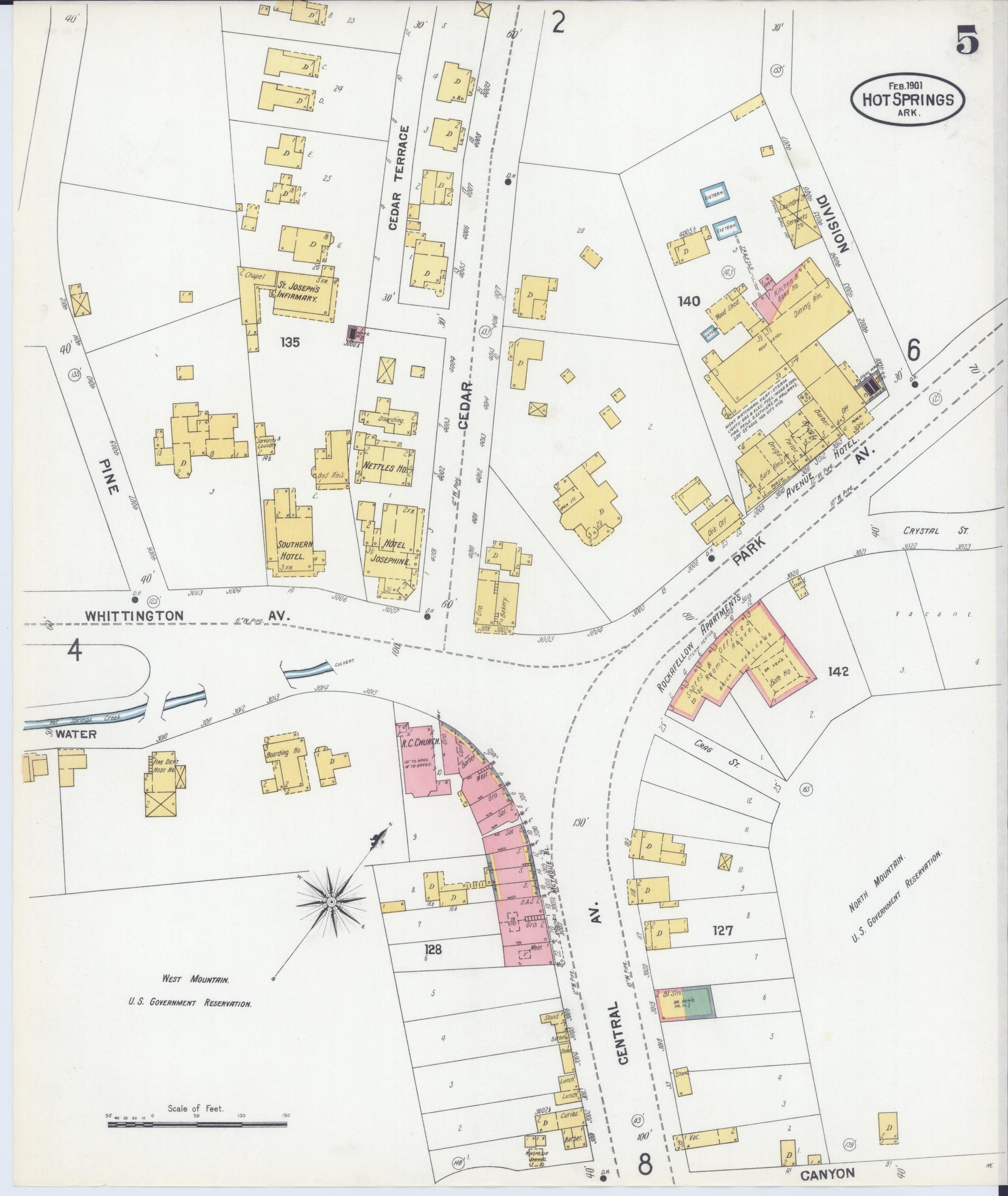 Sanborn Fire Insurance Map from Hot Springs, Garland County, Arkansas (1901), Sheet #0005 - Historic Sanborn Fire Insurance Map Print, vintage old map wall art, antique decor, genealogy gift, Arkansas Arkansas map