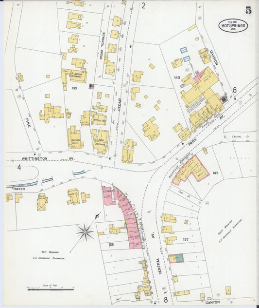 Sanborn Fire Insurance Map from Hot Springs, Garland County, Arkansas (1901), Sheet #0005 - Historic Sanborn Fire Insurance Map Print, vintage old map wall art, antique decor, genealogy gift, Arkansas Arkansas map