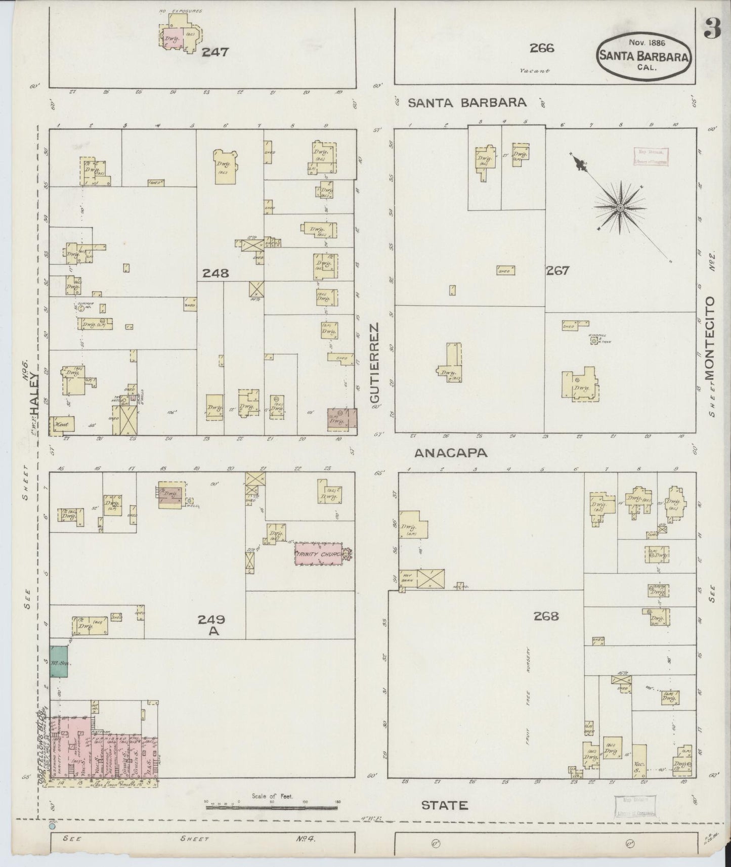 Sanborn Fire Insurance Map from Santa Barbara, Santa Barbara County, California (1886), Sheet #0003 - Complete Map Set gallery image, historic Sanborn map, vintage wall art, California California