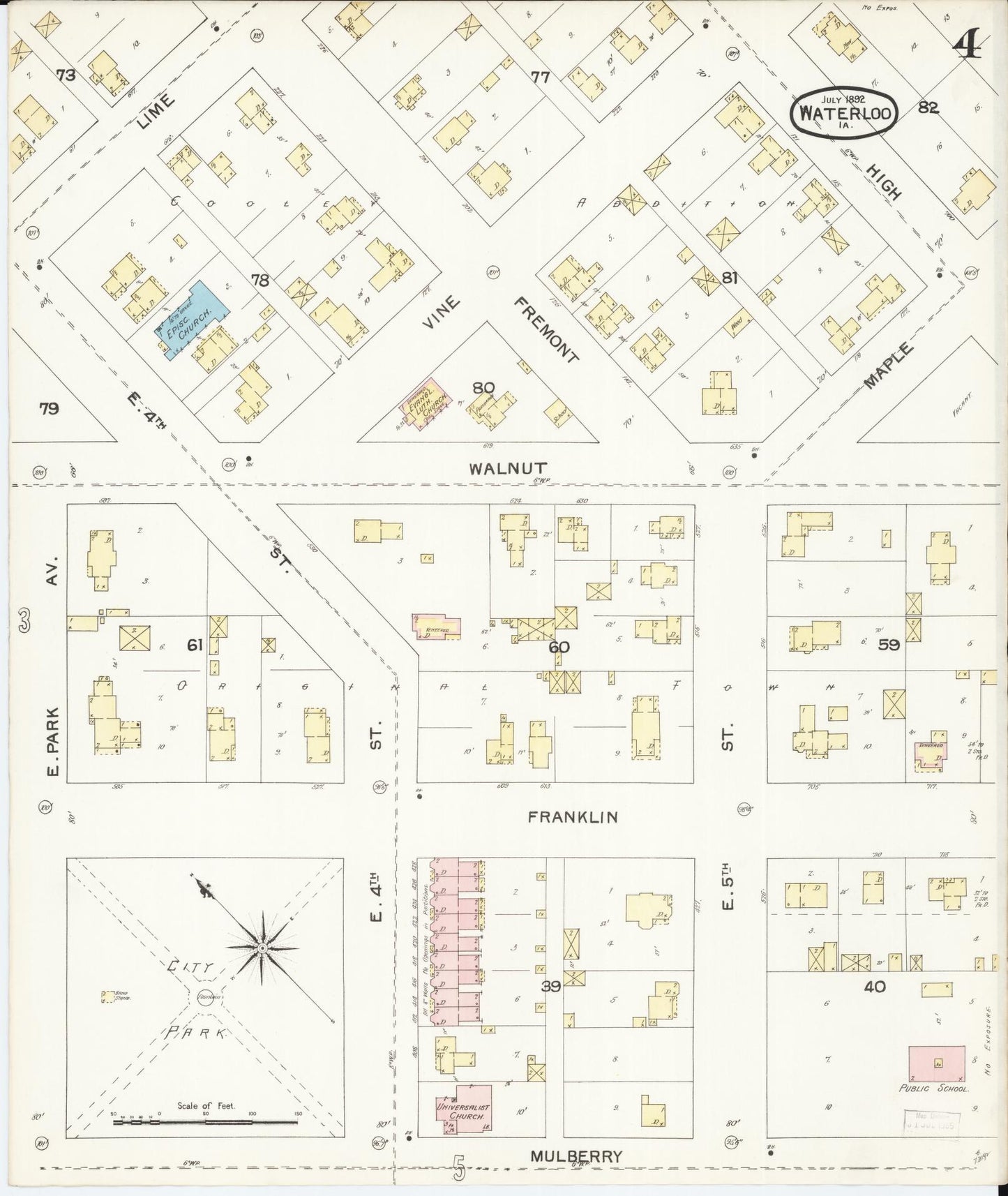 Sanborn Fire Insurance Map from Waterloo, Black Hawk County, Iowa (1892), Sheet #0004 - Historic Sanborn Fire Insurance Map Print, vintage old map wall art