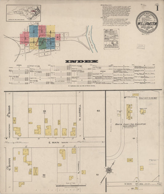Sanborn Fire Insurance Map from Williamston, Martin County, North Carolina (1921), Sheet #0001 - Historic Sanborn Fire Insurance Map Print, vintage old map wall art, antique decor, genealogy gift, North Carolina North Carolina map